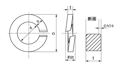 鉄 ばね座金 (スプリングワッシャー)(キャップボルト用)(平和発條製)の寸法図