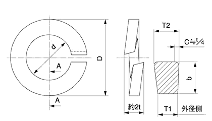 ステンレス ばね座金2号 (スプリングワッシャー)(岸和田製)の寸法図