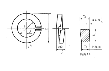 ステンレス SUS316L(A4) ばね座金2号 (スプリングワッシャー)(特殊発條製)の寸法図