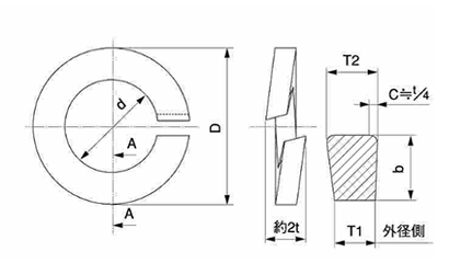 ステンレス SUS316L(A4) ばね座金2号 (スプリングワッシャー)(岸和田製)の寸法図