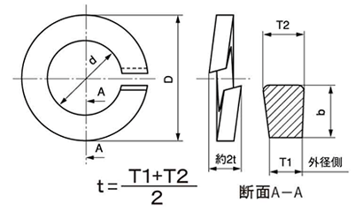 ステンレス SUS310S (耐熱鋼) ばね座金2号 (スプリングワッシャー)の寸法図