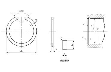 鉄 JIS B2804穴用 同心止め輪(穴付き)の寸法図