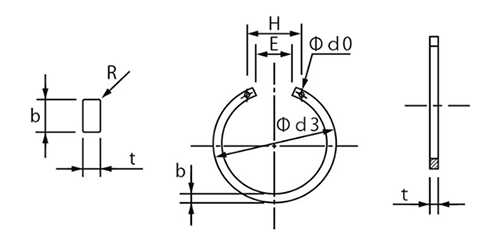 鉄 JIS B2804穴用 同心止め輪(穴付き)(羽島製)の寸法図