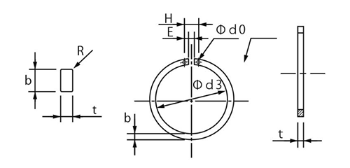 鉄 JIS B2804軸用 同心止め輪(穴付き)(羽島製)の寸法図