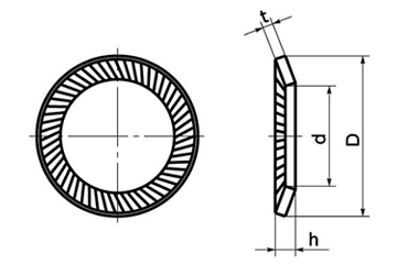 鉄 リブドロックワッシャー(緩み止め用)の寸法図
