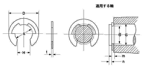 鉄 E型止め輪 (Eリング)(特殊発條製)の寸法図