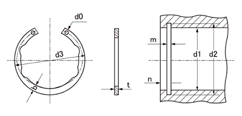 鉄 C形止め輪(THSスナップリング)(穴用)(大洋発條製)の寸法図