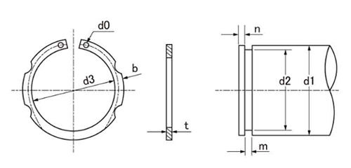 鉄 C形止め輪(THSスナップリング)(軸用)(大洋発條製)の寸法図