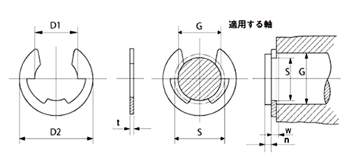 鉄 E型止め輪 (Eリング)(JIS規格・磐田電工製)JE-●●の寸法図