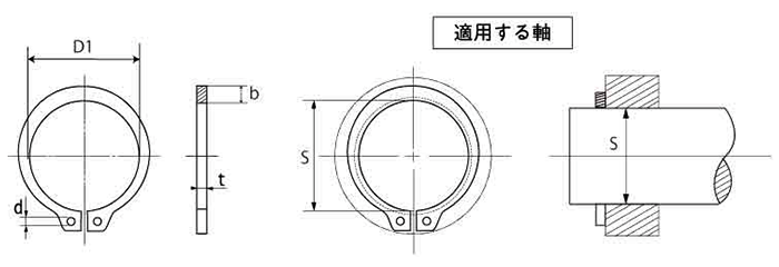 鉄 GS型止め輪(軸用)(磐田電工規格製)GS-●●の寸法図