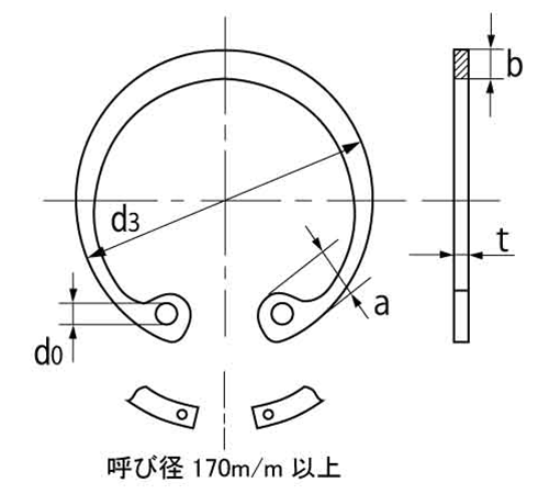 ステンレス C形止め輪(スナップリング)(穴用)(羽島板バネ製)の寸法図