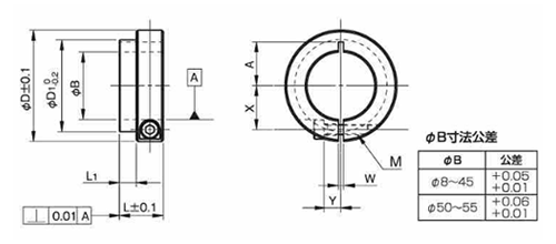 鉄 S45C 無電解Niメッキ ベアリング固定用(ロング) スタンダードスリットカラー(SCS-MLB)(岩田製作所)の寸法図