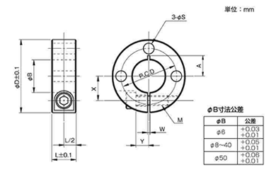 鉄 S45C 無電解ニッケルメッキ 3穴付 スタンダードスリットカラー(SCS-MP3)(岩田製作所)の寸法図
