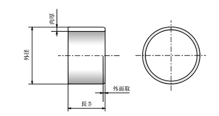 大同メタル製 ダイベストDBS02ブシュ(DBS)(内径x長さ)(完全無給油軸受)の寸法図