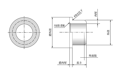 大同メタル製 ダイベストDBS02 鍔付ブシュ(DBS-F)(内径x長さ-ツバ長外径F)(完全無給油軸受)の寸法図