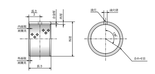 大同メタル製 ダイベスト DBX01 ブシュ(DXB)(内径x長さ)(予潤滑軸受)の寸法図