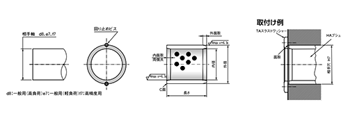 大同メタル製 ダイスライドブシュ(HK)(内径x外径x長さ)(固体潤滑剤埋込み型軸受)の寸法図