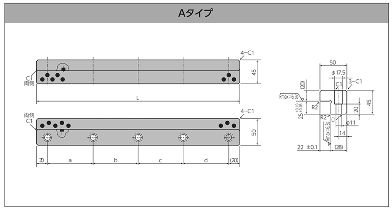 大同メタル製 ダイスライド L型プレート(LA-タイプC、B、A)(幅x長さ)の寸法図