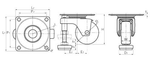 内村製作所ファンクションタイプ (AF-N)(トラック型アジャスターフット)付 ナイロン車輪の寸法図