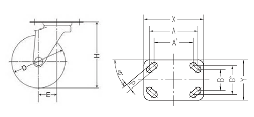 ナンシン牽引用キャスタースプリング仕様 80シリーズ (プレート式・自在)(8008-1/車輪径200mm)の寸法図