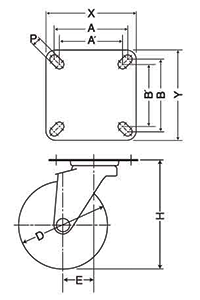 ナンシン 産業用キャスター STM-S (プレート式・自在・ストッパーS)の寸法図
