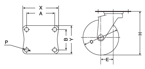 ナンシン 重荷重用キャスター THH (プレート式・自在・低床)の寸法図