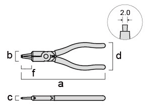 フジ矢 スナップリングプライヤー 軸用(ストレート)替え爪式 185mm(FOS)の寸法図