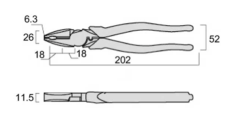 フジ矢 偏芯パワーペンチ 200mm (黒金)(簡易圧着機能付き)の寸法図
