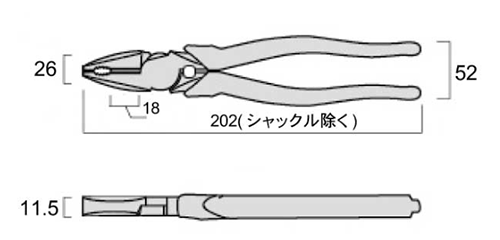 フジ矢 偏芯パワーペンチ 200mm (黒金)(バリ取り機能付き)の寸法図