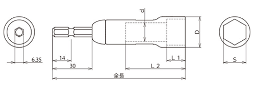 ロブテックス ストロック スタンダードソケット (高耐久タイプ)(DSX-S)の寸法図