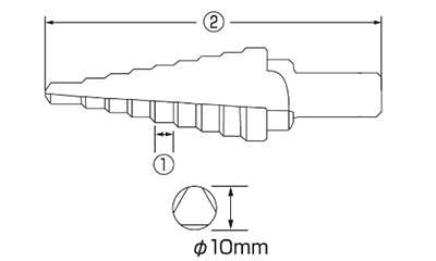 スパイラルステージドリル(ストレート)(傘型多段ドリル)(TINコーティング) ロブテックスの寸法図
