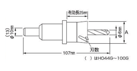 エビ超硬ホルソー (HO-G)(本体+ドリル部チタンコーティング)の寸法図