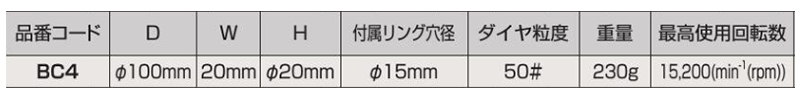 ロブテックス 溶着ダイヤモンドカップホイール(乾式)(BC4)の寸法表