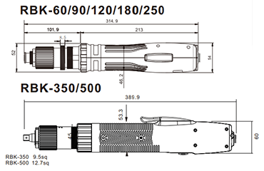 キリウス 超高トルク型電動ドライバ-RBKシリーズ (～RBK250以下/トルク値2～25Nm)の寸法図