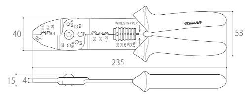 ツノダ 電工万能ペンチ AP-01 (オープンバレル端子・裸圧着端子用)の寸法図