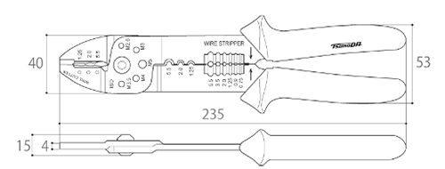 ツノダ 電工万能ペンチ AP-02 (絶縁圧着端子・裸圧着端子用)の寸法図
