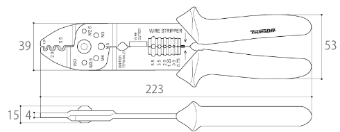 ツノダ 電工万能ペンチ AP-03 (裸圧着端子用)の寸法図