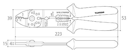 ツノダ 電工万能ペンチ AP-05 (オープンバレル端子用)の寸法図