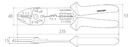 ツノダ 電工万能ペンチ AP-06 (オープンバレル端子・絶縁圧着端子用)の寸法図