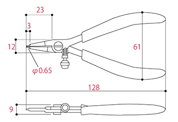 ツノダ スナップリング プライヤー軸用125mm (ばね付)(3～9mm用)(MSE)の寸法図