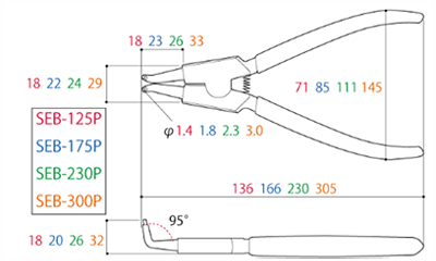 ツノダ スナップリングプライヤー 軸用曲爪 (硬質ビット)(ばね付)(SEB-P)の寸法図