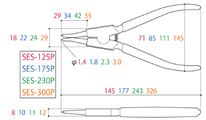 ツノダ スナップリングプライヤー 軸用直爪 (硬質ビット)(ばね付)(SES-P)の寸法図