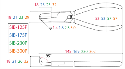 ツノダ スナップリングプライヤー 穴用曲爪 (硬質ビット)(ばね付)(SIB-P)の寸法図