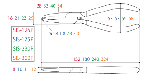 ツノダ スナップリングプライヤー 穴用直爪 (硬質ビット)(ばね付)(SIS-P)の寸法図