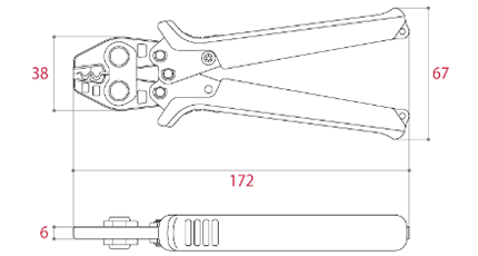 ツノダ 圧着工具 TP-2 (裸圧着端子・ 裸圧着スリーブ用/1.25/2㎟)の寸法図