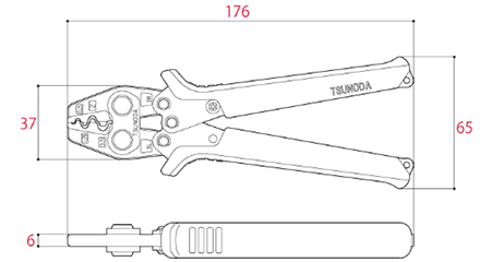 ツノダ 圧着工具 TP-3 (裸圧着端子・ 裸圧着スリーブ用/0.5/1.25/2/3.5㎟)の寸法図