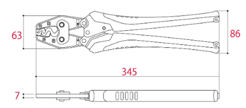 ツノダ 圧着工具 TP-38 (裸圧着端子・ 裸圧着スリーブ用/8/14/22/38㎟)の寸法図