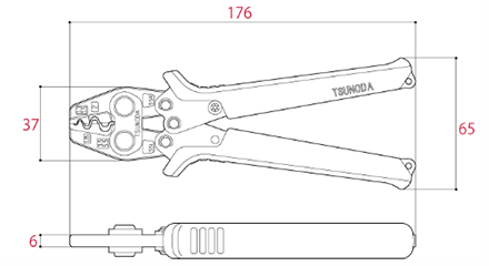 ツノダ 圧着工具 TP-5S (裸圧着端子・ 裸圧着スリーブ用/0.3/0.5/1.25/2/3.5/5.5㎟)の寸法図