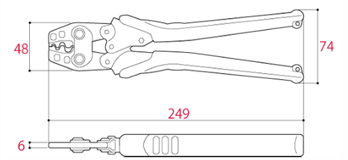 ツノダ 圧着工具 TP-8 (裸圧着端子・ 裸圧着スリーブ用/1.25/2/5.5/8㎟)の寸法図