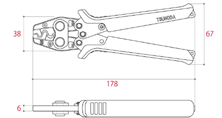 ツノダ 圧着工具 TP-RS (リングスリーブ用/小(1.6×2)/小/中)の寸法図
